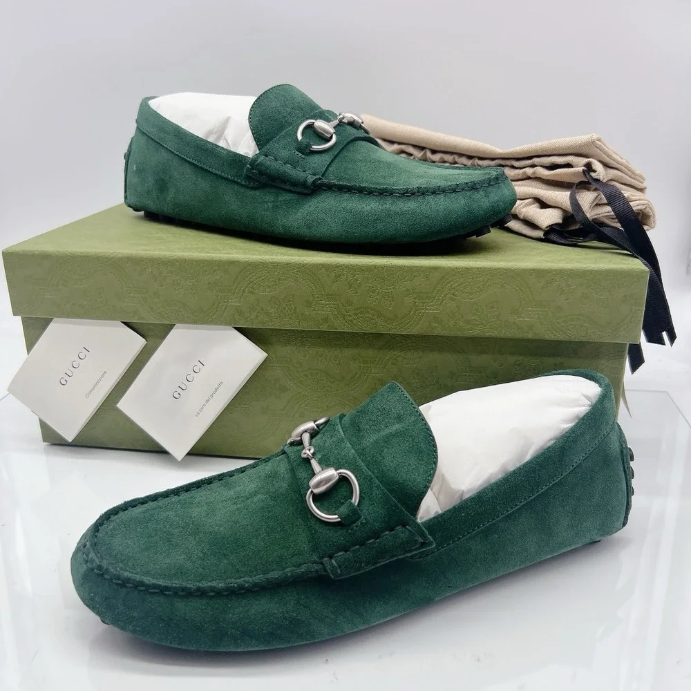 Gucci Men's Driver Loafers Moccasin GG Horsebit Vintage Green Suede UK 9 US 9.5